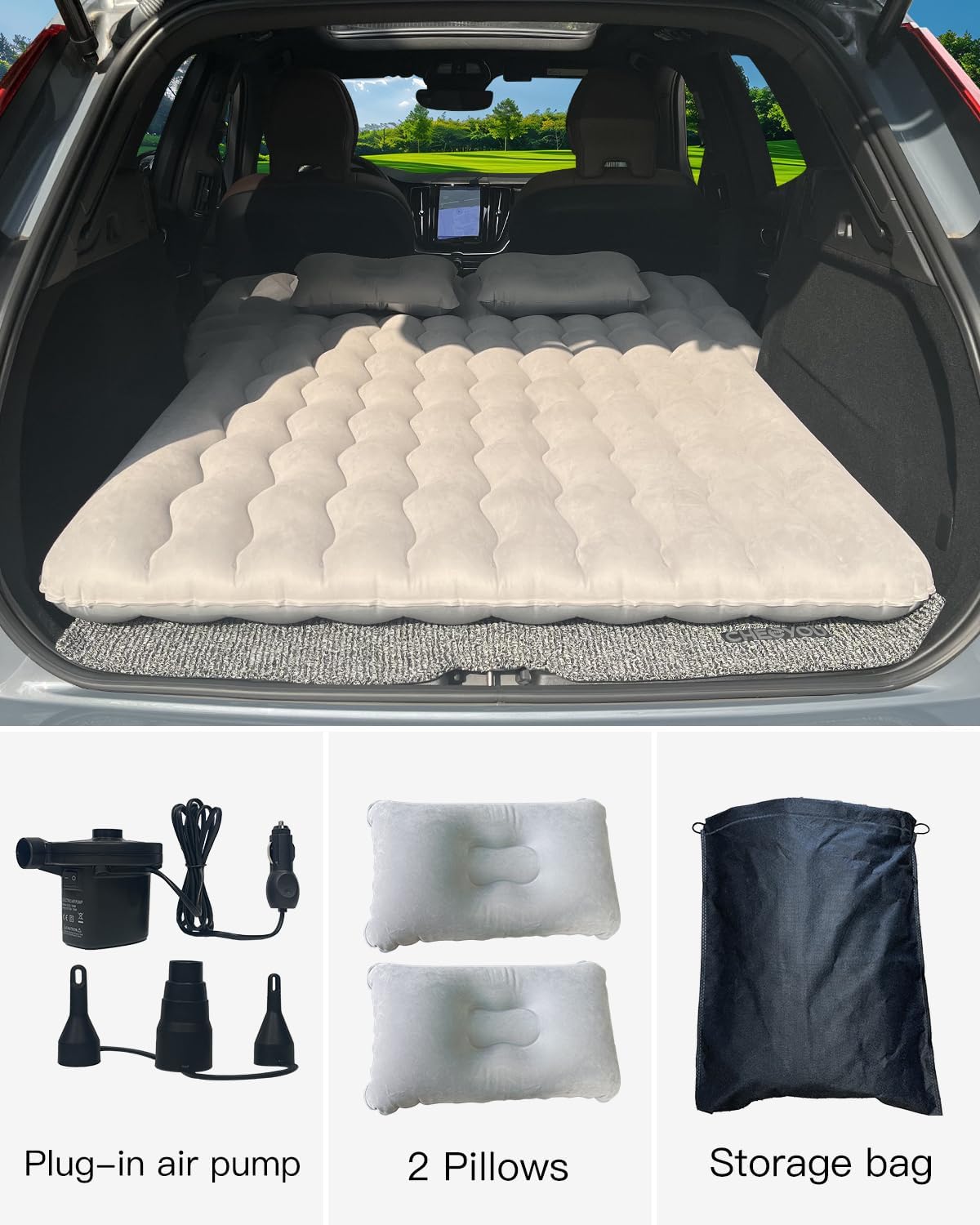 Canodoky SUV Air Mattress, Inflatable Car Mattress Bottle and Phone Holder Thickened Flocking & PVC Surface Car Bed with Electric Air Pump Travel Mattress for Camping Road Trip (Grey)