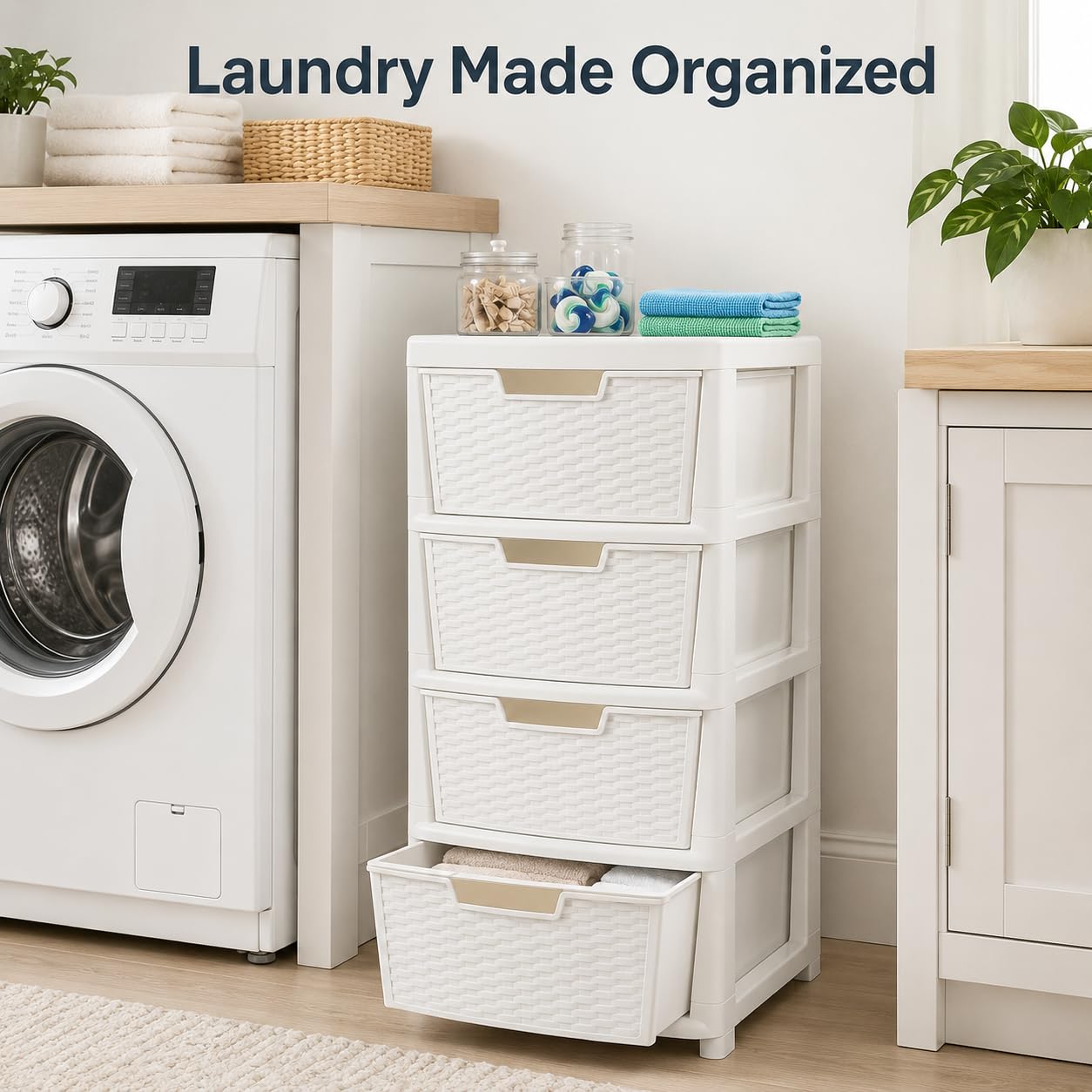 Kaanco Large Plastic Storage Drawers Rattan Effect Storage Unit Tower Space Saving Plastic Drawers for Bedroom Office Kitchen Laundry Bathroom Clothes Toy Home Organisation (4 Tier Rattan White) - Image 8