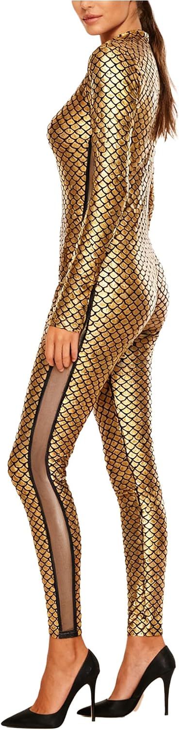 FEESHOW Metallic Shiny Mermaid Bodysuit for Women Fish-Scale Print Long Sleeve Leggings Jumpsuit Unitard