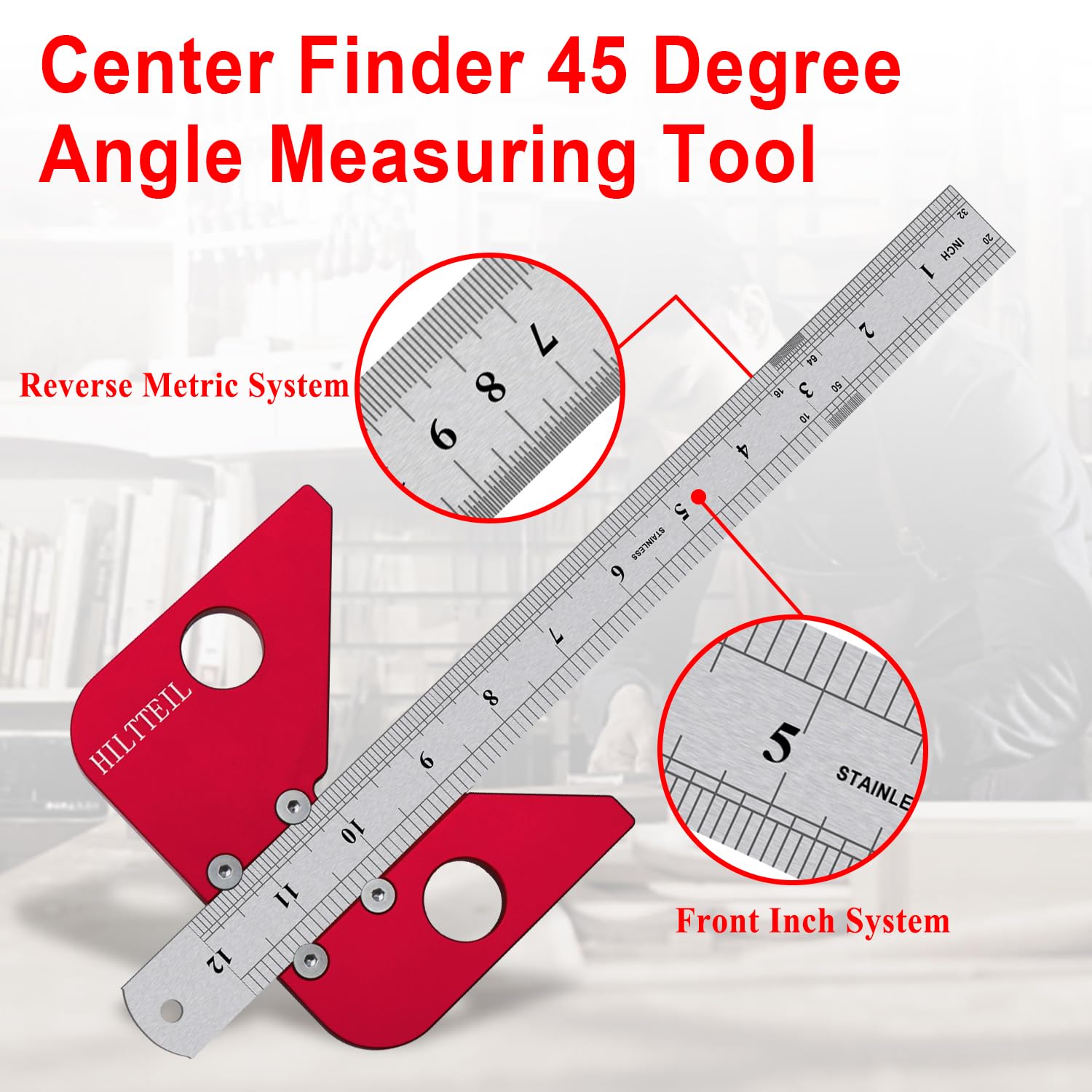 Aluminum Alloy Circle Center Finder, Center Scribe 45/90 Degree Right Angle Line Square Center Finder Measuring Tool, Woodworking Center Finder Ruler with Detachable Ruler, Red