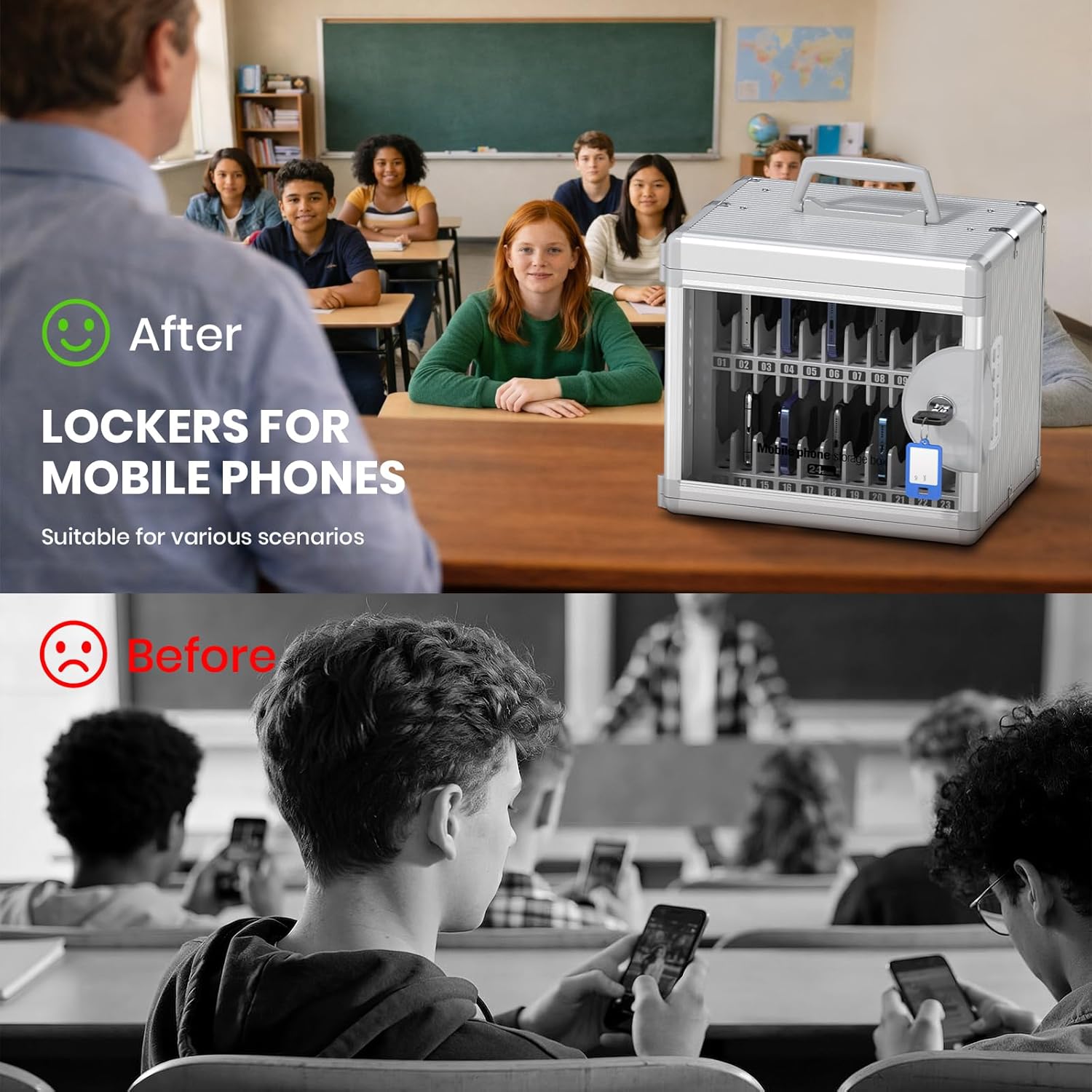 Glosen Cellphone Lock Box with Key for School Classroom Office Exam (Silver,24-Slots Aluminum Alloy Phone Locker),Portable Phone Storage Cabinet for School [Wall Mounted]
