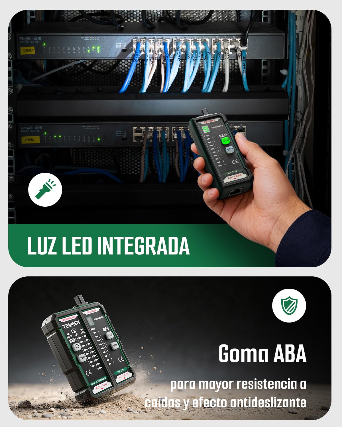 TESMEN TLP-528C Probador de cables de red, RJ11/RJ45, localizador Ethernet CAT5/CAT6 con prueba de continuidad & QC, buscador de líneas LAN y telefónicas, ideal para mantenimiento de cables – Verde