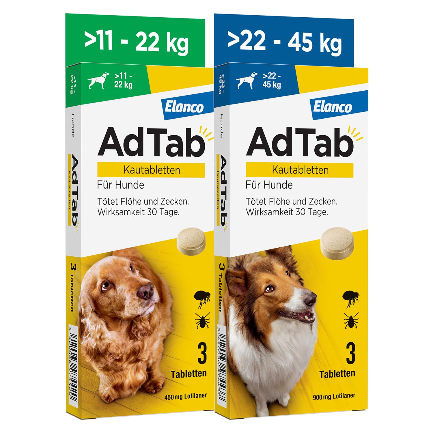 AdTab Kombi-Set: Zecken- & Flohschutz für 2 Hunde in verschiedenen Größen (>11-22 kg & >22-45 kg), 2 Packungen mit je 3 Kautabletten, einfach zu verabreichen & schmackhaft