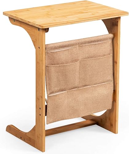 Miniatura 9 de Tangkula Bandeja de TV de bambú para sala de estar, mesa auxiliar de sofá, mesa auxiliar de aperitivos con bolsa de almacenamiento, mesa auxiliar de