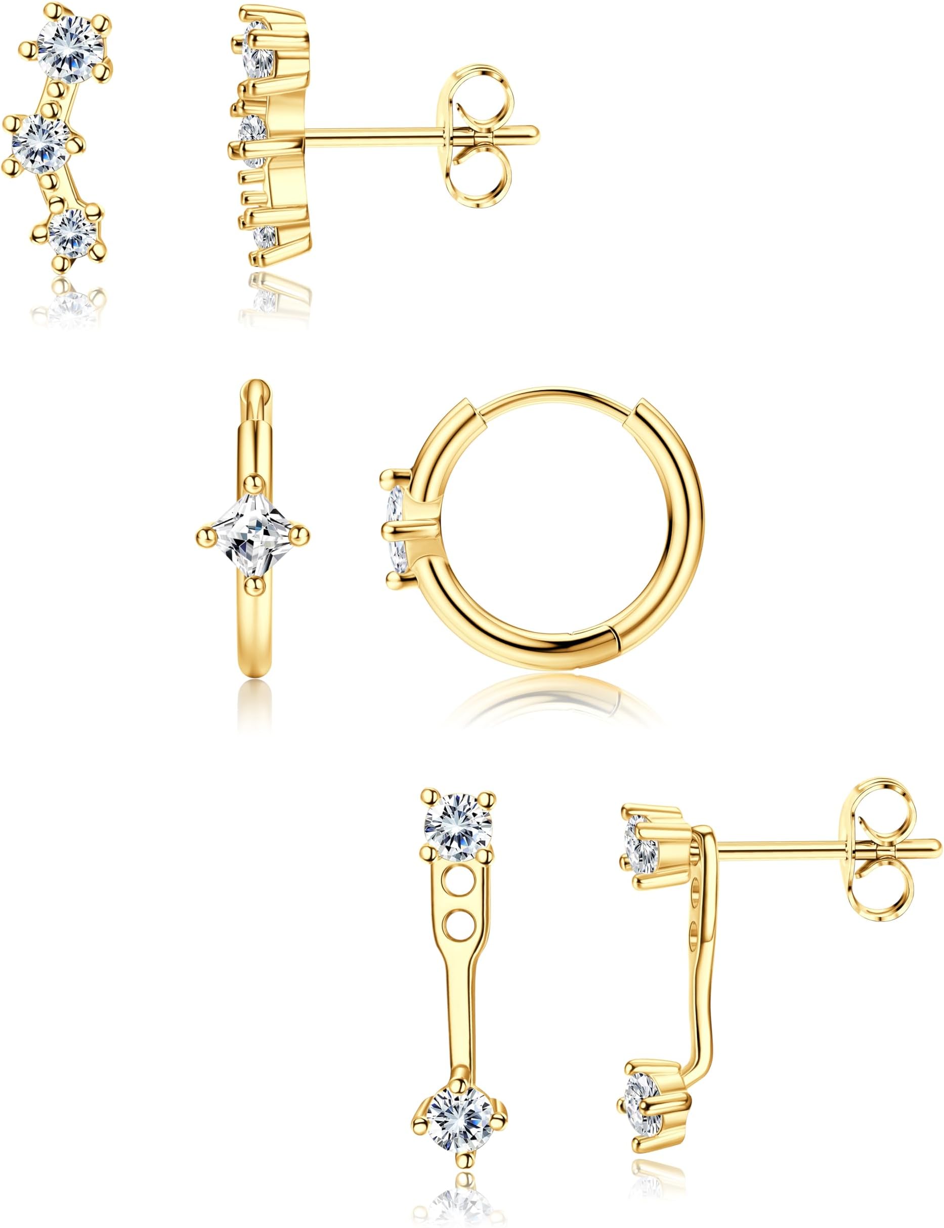 14K Gold Plated Earrings for Women S925 Sterling Silver Post Earring for Multiple Piercings Cartilage Stud Small Hoop Dainty Earrings Set