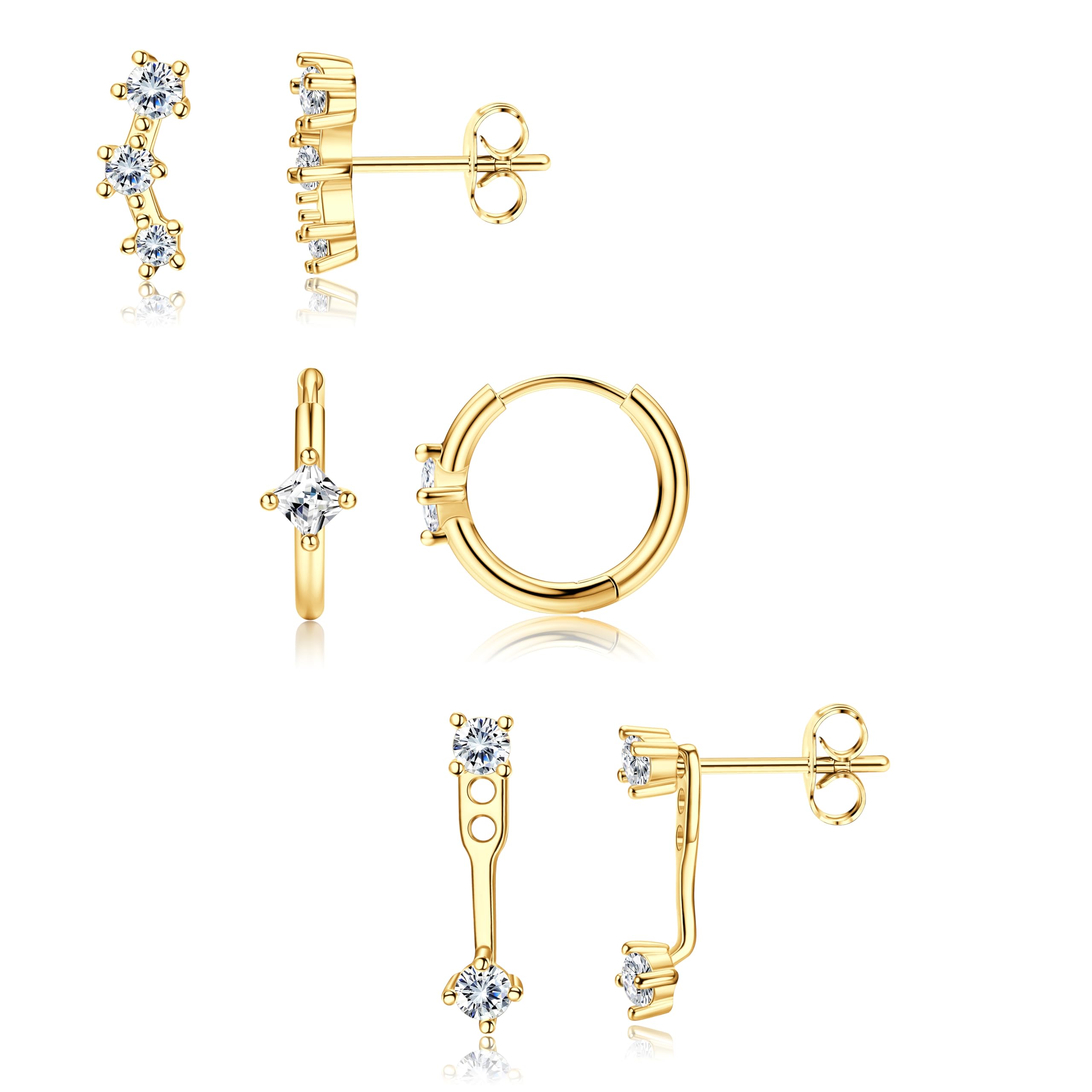 14K Gold Plated Earrings for Women S925 Sterling Silver Post Earring for Multiple Piercings Cartilage Stud Small Hoop Dainty Earrings Set