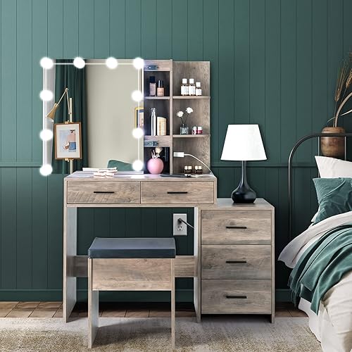 Juego de mesa de tocador con espejo abatible y 2 cajones, almacenamiento de joyas y taburete tapizado para mujeres y niñas, dormitorio, color blanco