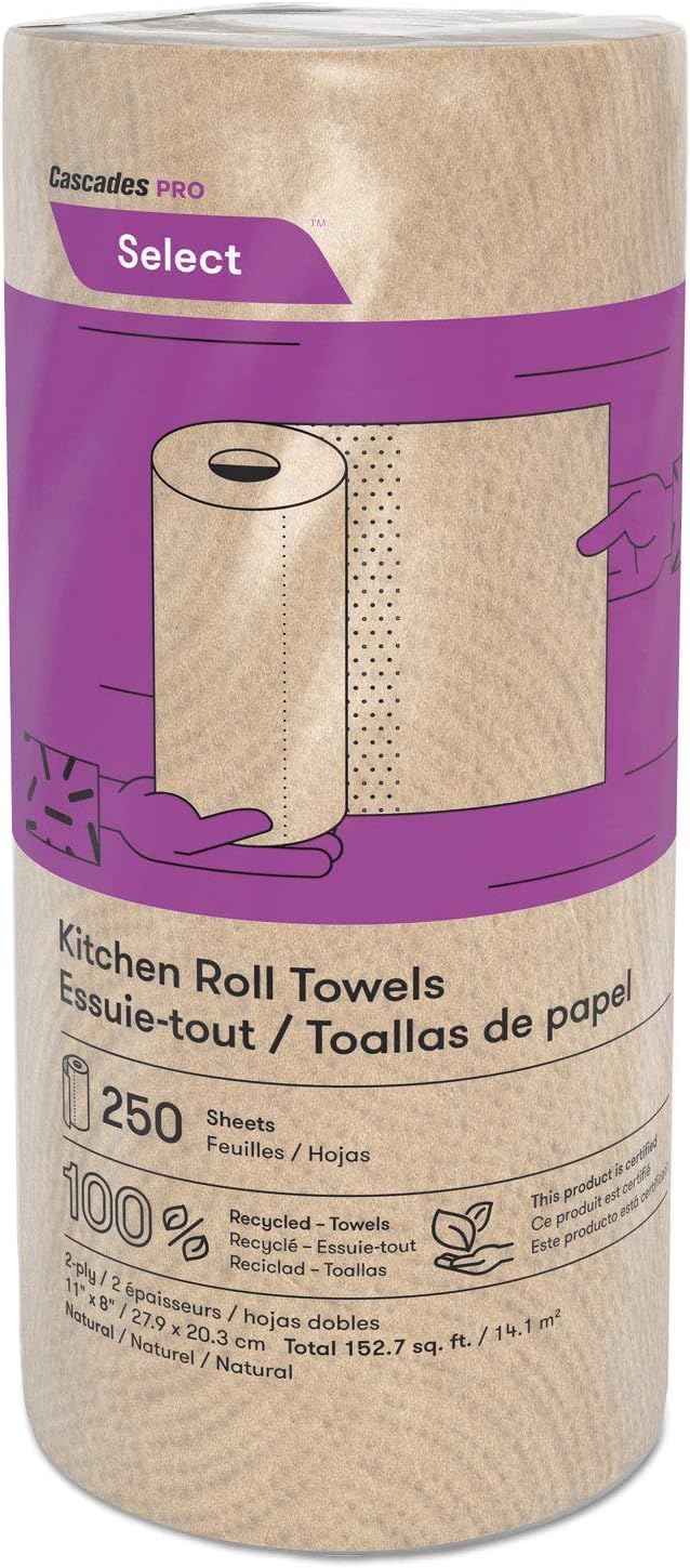 Cascades PRO Select Kitchen Roll Towels – Strong and Absorbent 2-Ply Paper Towels – Fits Standard Holders – 250 Sheets/Roll, 12 Rolls/Box – K251 – Natural Brown