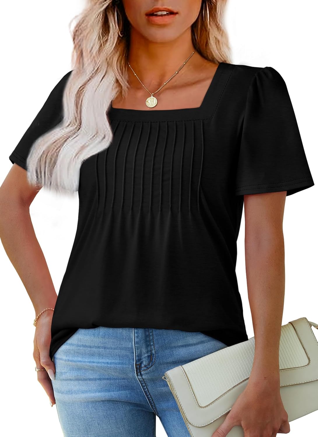 OFEEFAN T Shirts for Women Pleated Square Neck Dressy Casual Blouses Puff Short Sleeve Summer Tops Loose Fit - Image 2