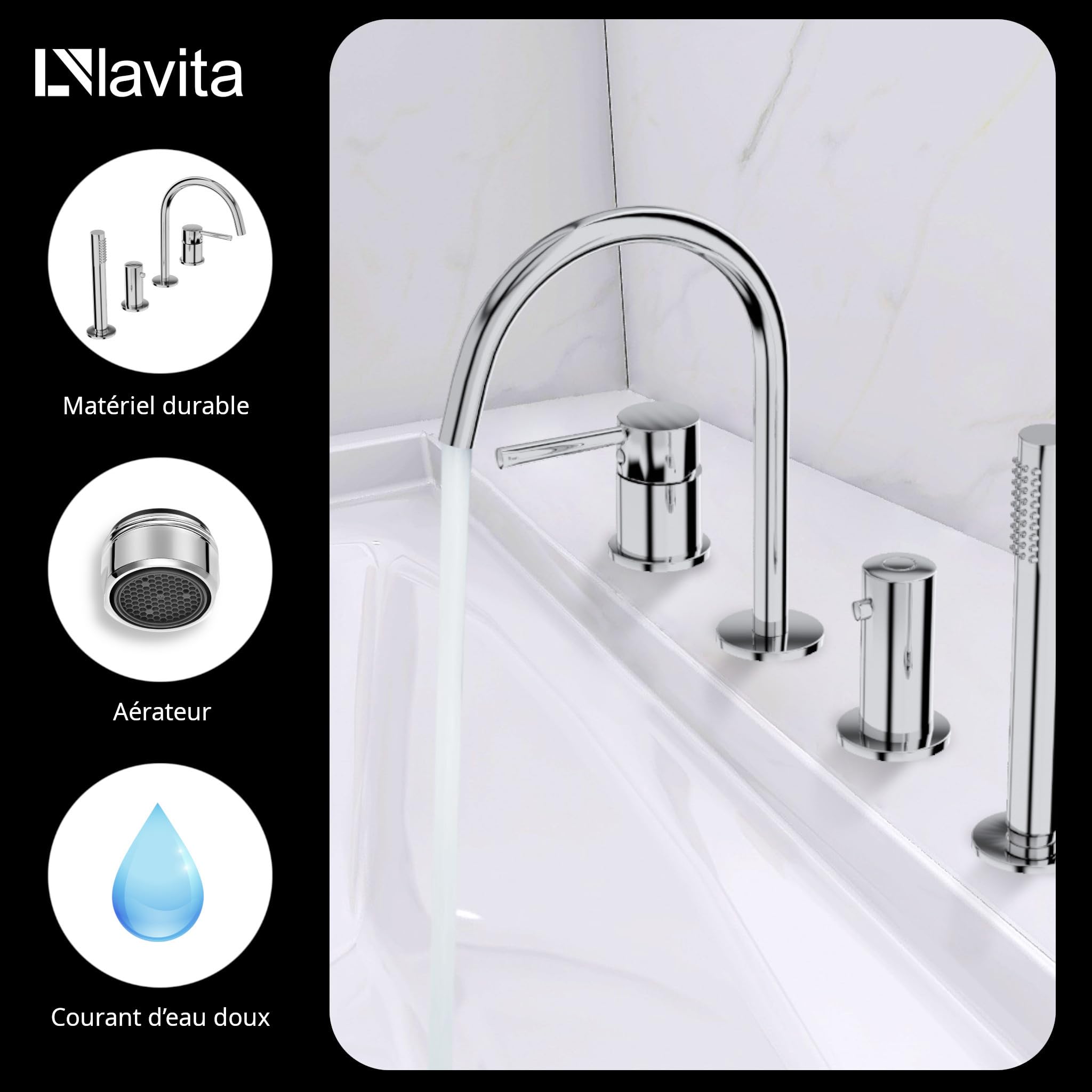 Lavita Orion Robinet de Baignoire 4 Trous Chromé | Design Luxueux Pour Salle de Bain
