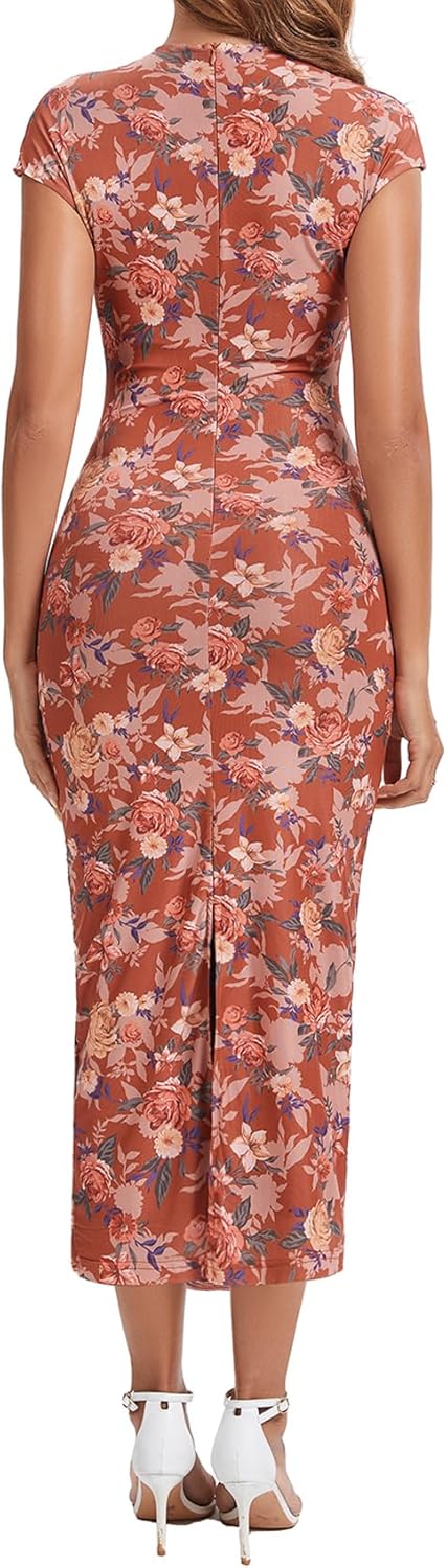 Women's Mock Neck Ruched Floral Mesh Bodycon Maxi Dress Cap Sleeve Tight Fitted Curvy Cocktail Club Party Dresses - Image 5