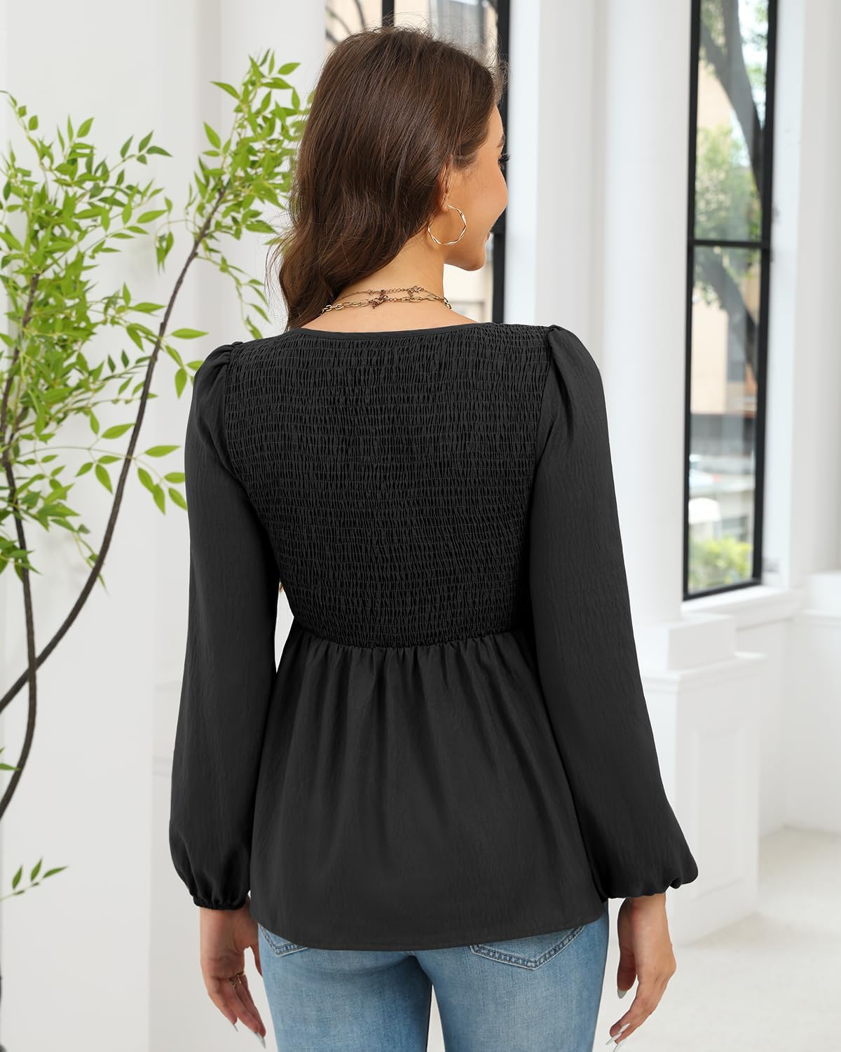 HEYTALALA Womens Peplum Tops Square Neck Smocked Puff Long Sleeve Blouses Babydoll Shirts 2025 Fall Dressy Casual Clothes - Image 6