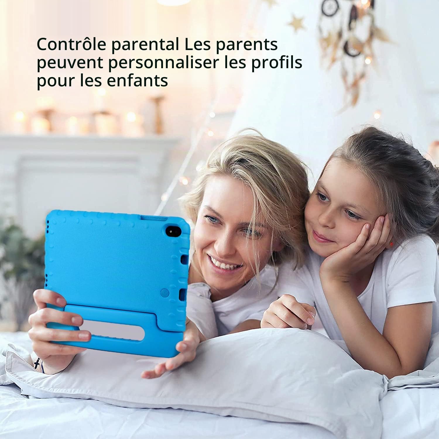 Tablette Enfants 8 Pouces Android Tablette avec Sufficient RAM + ROM(TF 2To), Très Longue Enduranceavec GMS Certified, WiFi, Bluetooth, avec Double Caméra Écran FHD Tablettes avec Étui Anti-Chute-Bleu