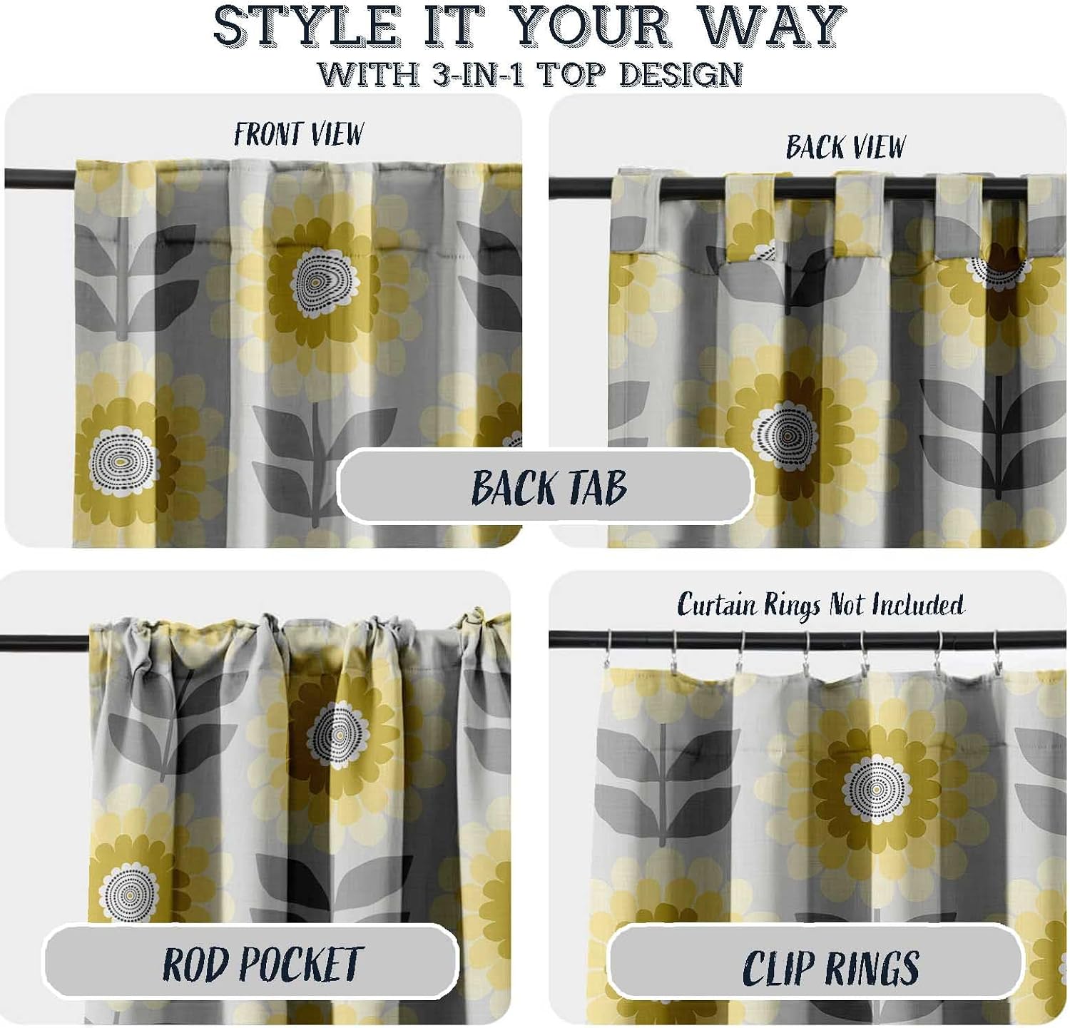 Cotton Curtains for Windows - 3-in-1 Rod Pocket/Back Tab Short Window Drapes - Light Filtering Cotton Canvas Panels - Set of 2, 52"x63" - Floral Print (Yellow)