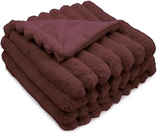 DEZ FURNISHINGS Luxury Reversible Textured Stripe Faux Fur & Velvet Thro...