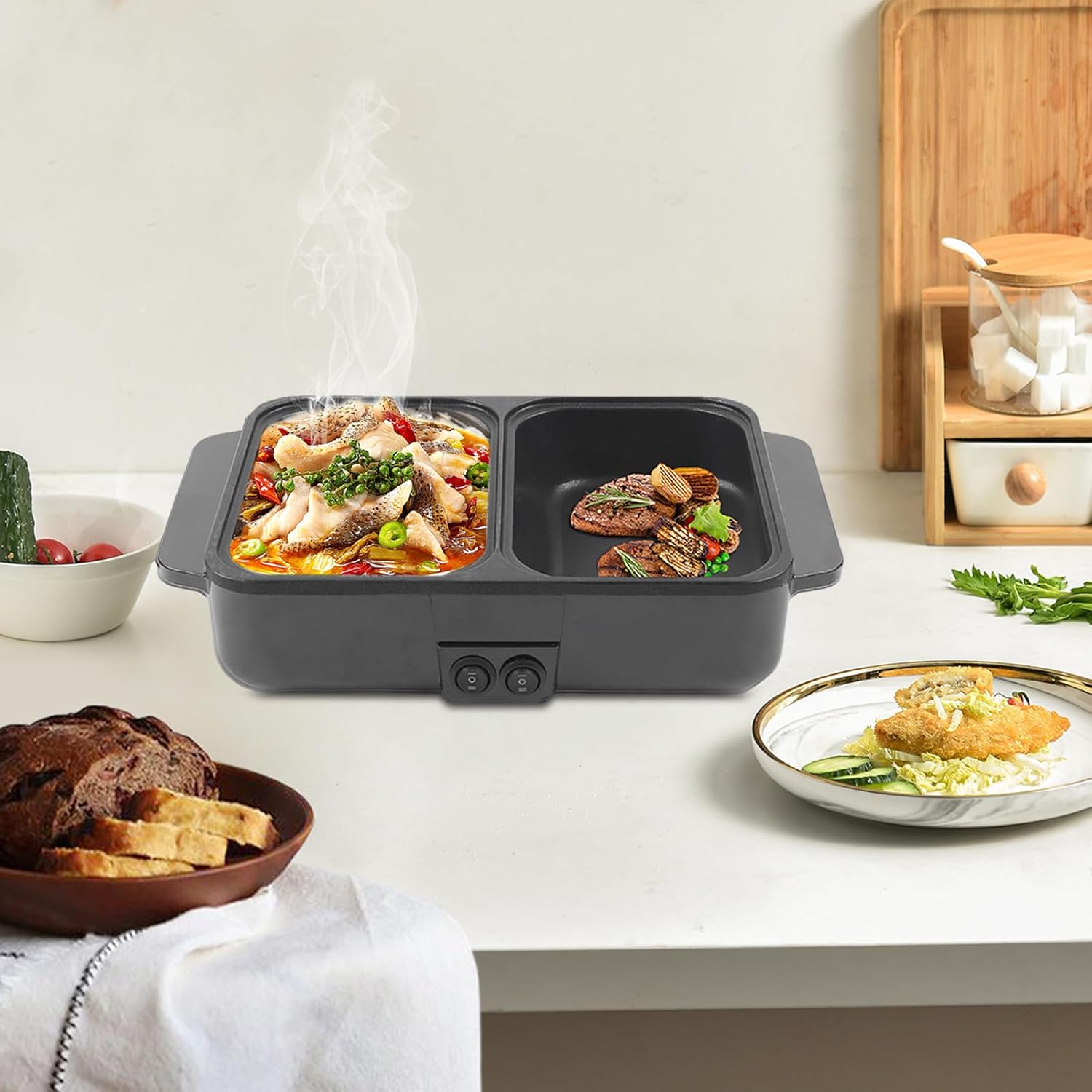 Mini Shabu Shabu All-in-One Cooker Hot Pot with Grill 2 in 1 Portable Electric Hot Pot Barbecue Grill Non-Stick Teppanyaki Pan for Indoor Outdoor Party