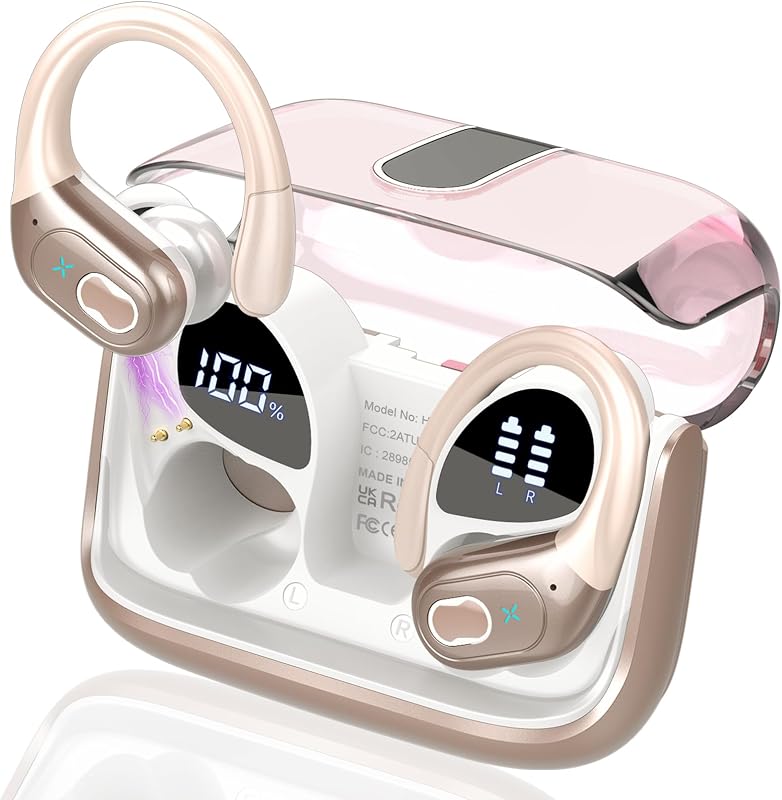 Aptkdoe Wireless Earbuds 75H Bluetooth 5.4 Sport Headphones with Earhooks | IPX7 Waterproof In-ear Buds Feature ENC Noise Cancelling Mic. Stereo Sound Device for Gym Running Workout, Rose Gold