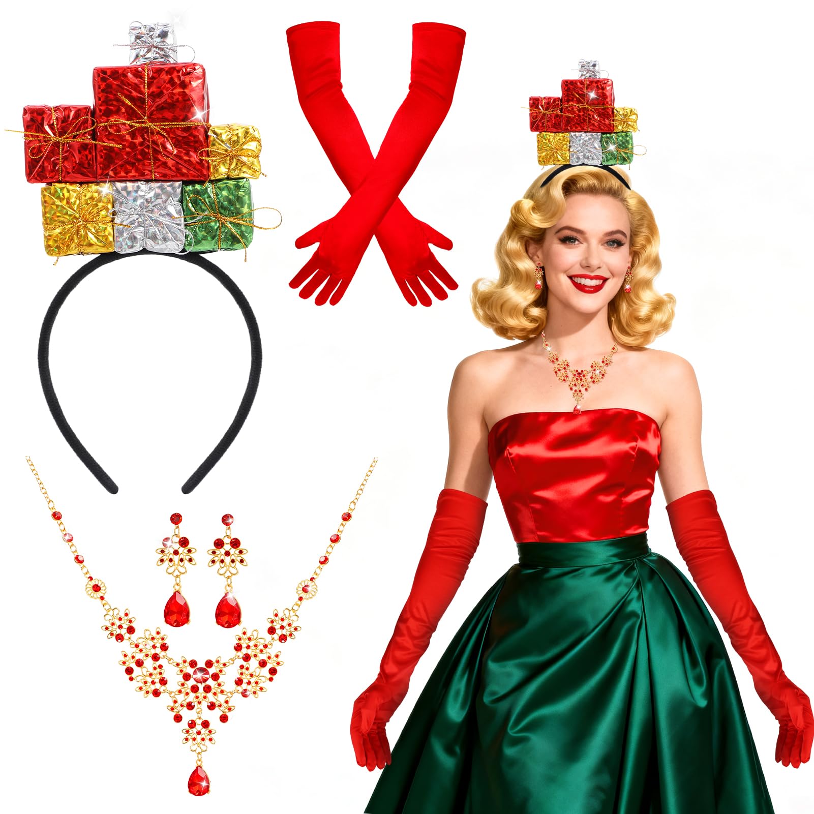 4PCS May Christmas Costume Women, Colorful Gift Headband Sparkly Necklace Earrings Red Gloves Set