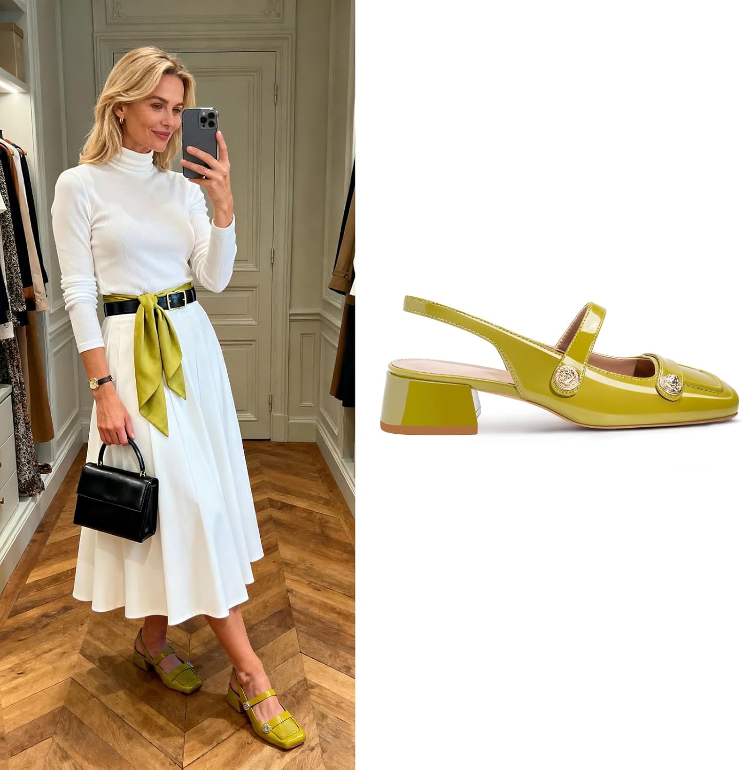 Slingback Mary Jane Heels for Women Low Block Heel Closed Square Toe Pump Shoes Heels Classic Daily Office Dressy Shoes - Image 2