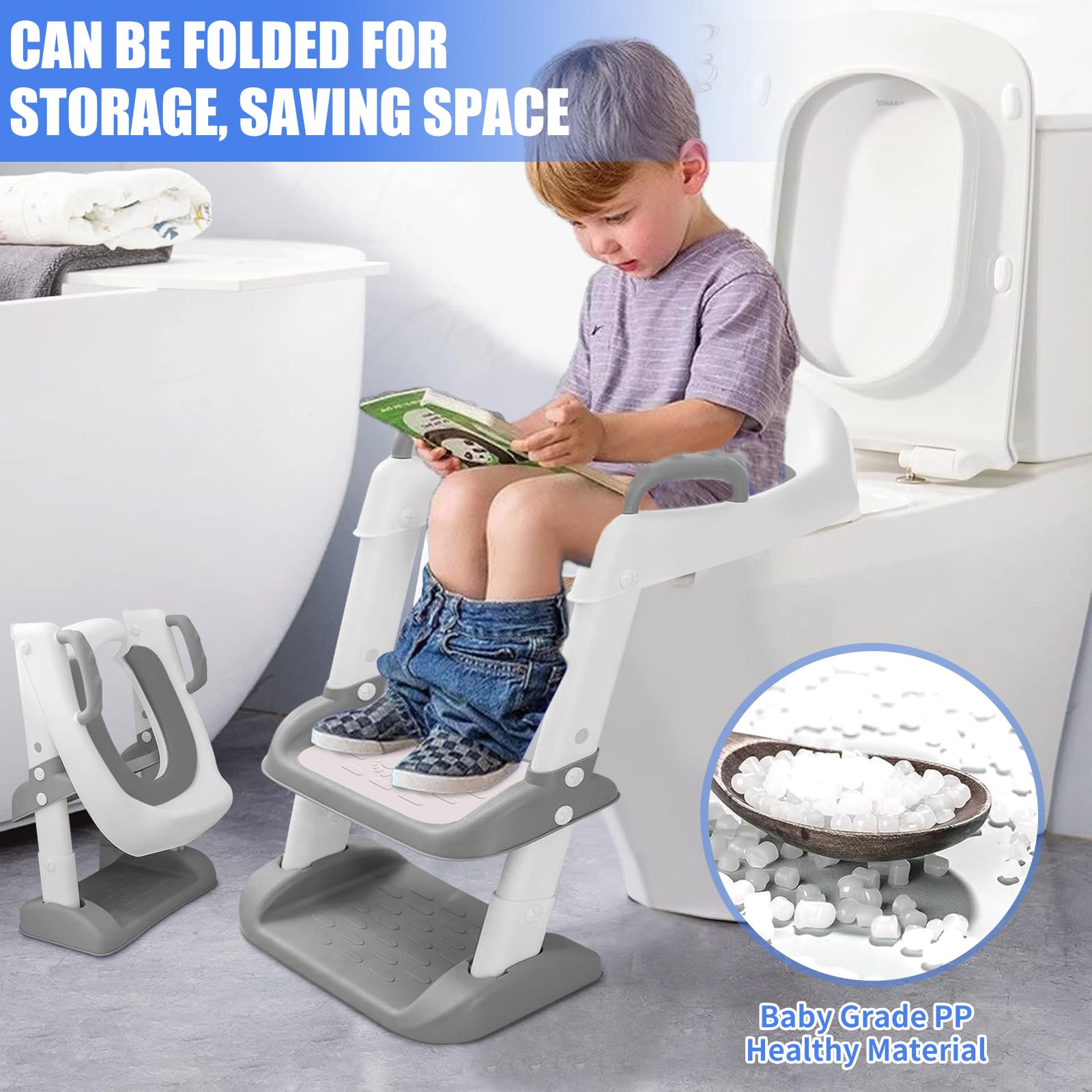 Reducteur Toilette Enfant, Abattant WC Antidérapant Échelle Réducteur, Pliable et Réglable, Réducteur WC Enfant Siege Toilette Enfant avec Marche Adapté pour Apprentissage de la Propreté