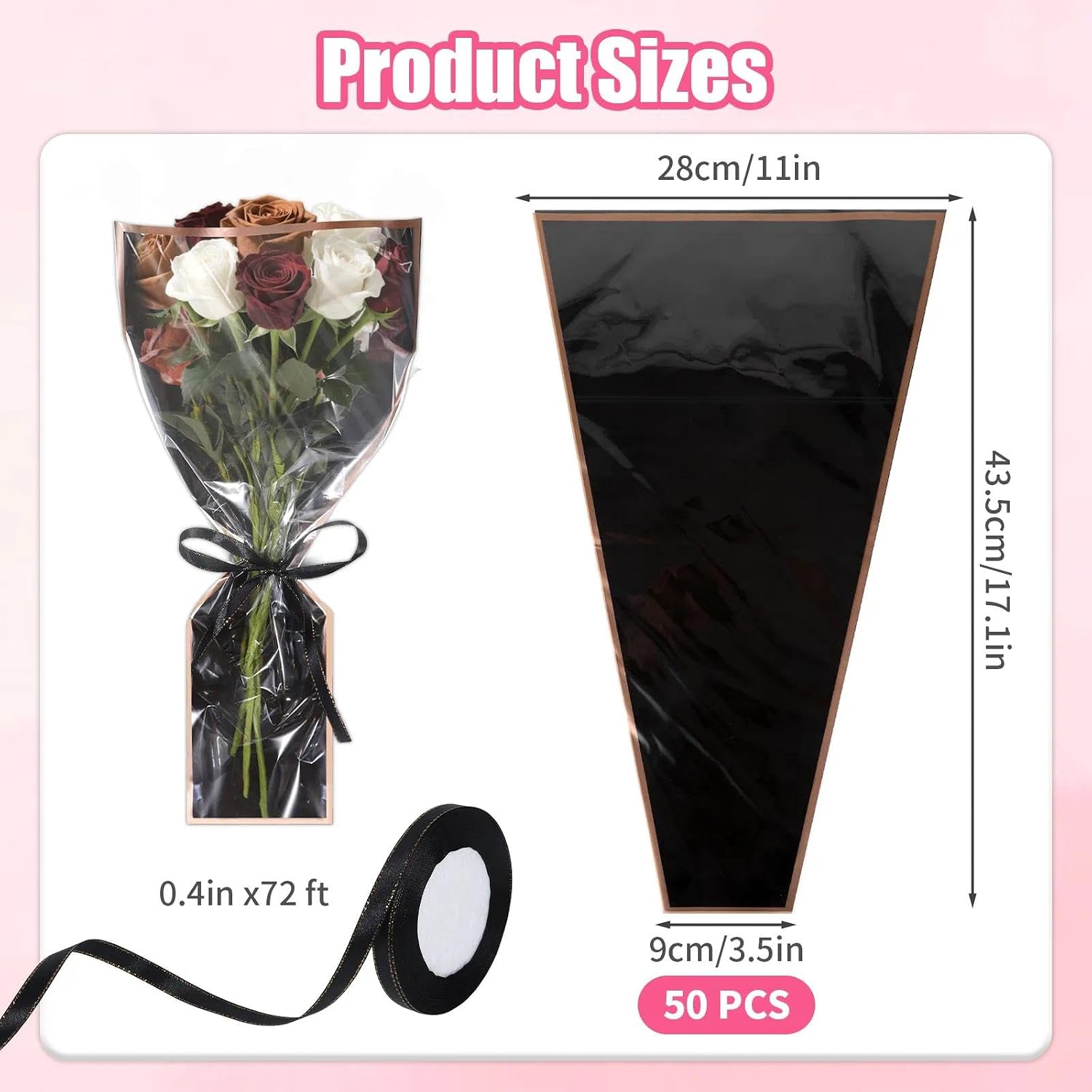 Jaarssho 50 PCS Flower Bags for Bouquets Wrap, 17.1 x 11 x 3.5 in Clear Plastic Floral Sleeves for Bouquet, Gold Border Ribbon Flower Bar Supplies, Gifts on Graduation Wedding Floral Display (Black) image 2