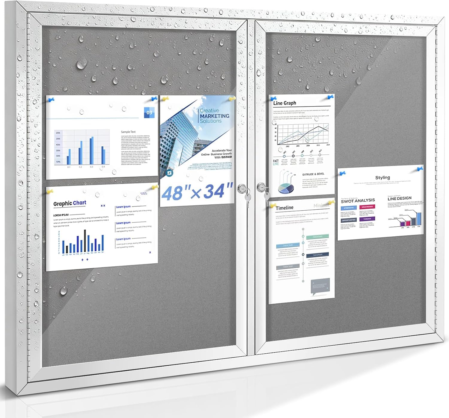 Lockable Notice Board, 120x90cm Outdoor Noticeboard Waterproof Display Pin Board with Locking Doors, Wall Mounted Office Notice Board Tempered Glass Display Cases for School, Office, Commercial