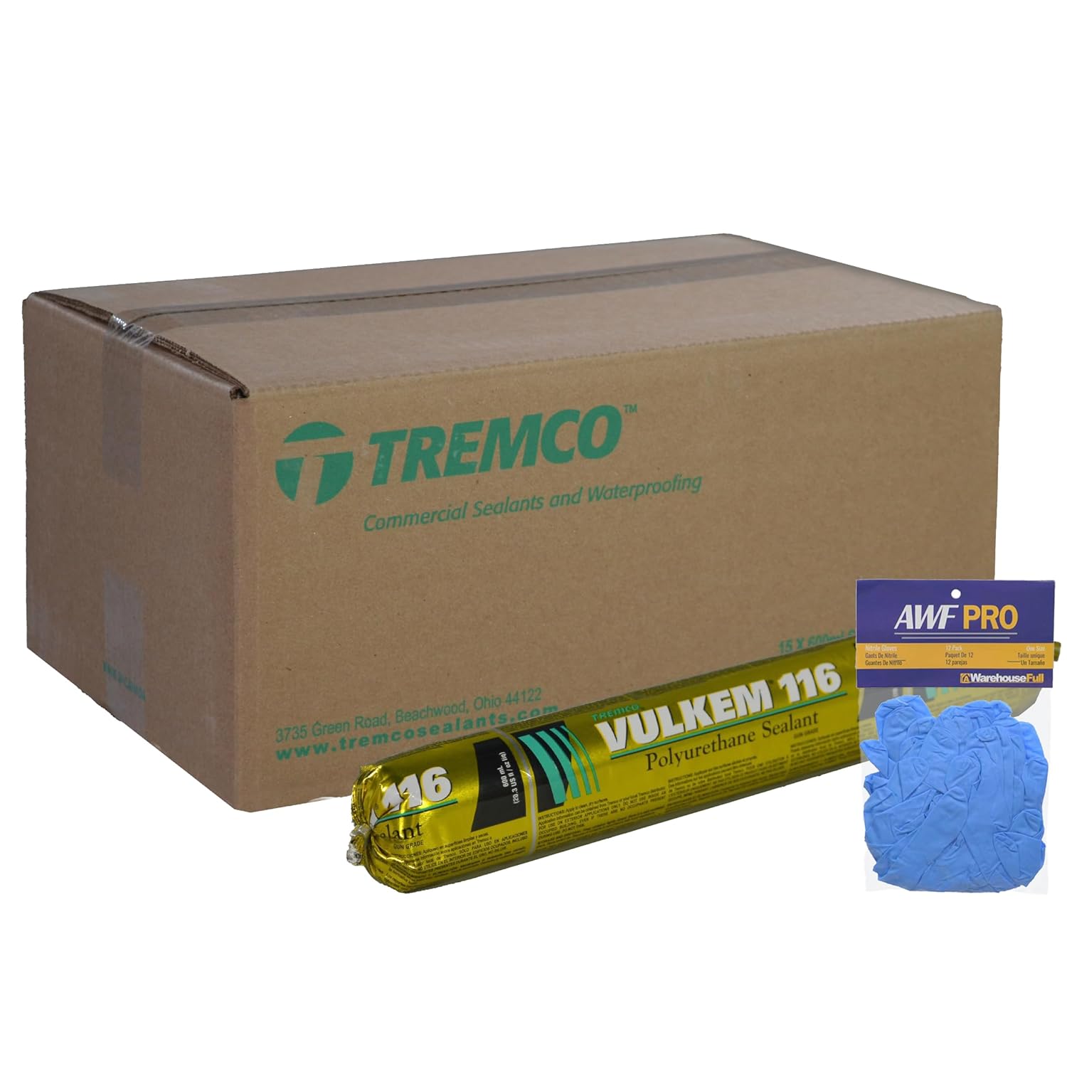 Tremco Vulkem 116, 20 oz Sausage, Gray, Case of 15 with AWF PRO Gloves, One Component, Moisture Curing, High Performance Polyurethane Joint Sealant