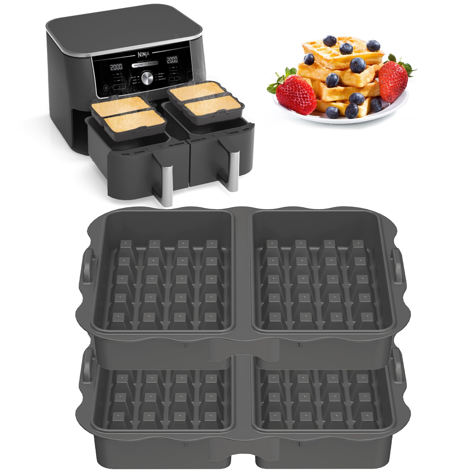 Tuocal 2 Stück Ninja Heißluftfritteuse Zubehör Waffelform Silikon Belgische Waffelplatten Kompatibel mit Ninja AF400EU, AF451EU, AF300EU,SL400EU, AF500DE Doppelt Backschaleneinsatz Waffeln Zubehör