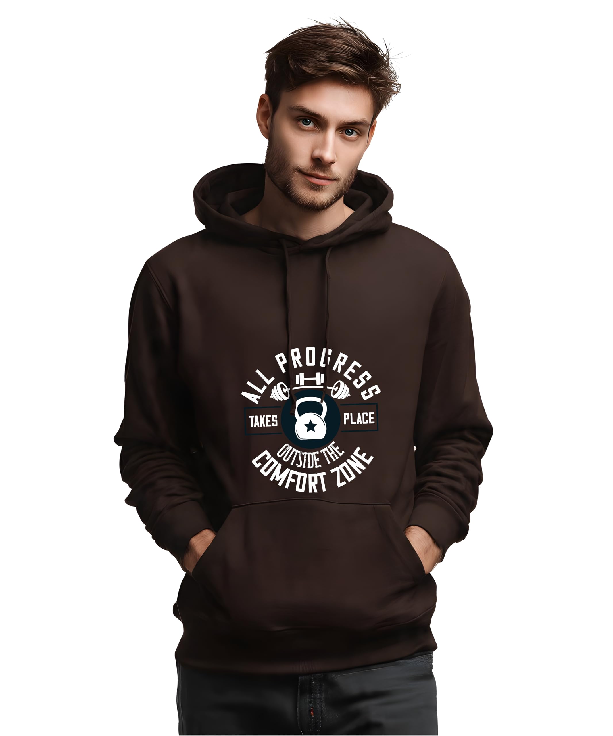 - Poly Cotton Graphic Printed Hoodie | Pullover with Full Sleeve - All Progress Takes Place Outside The Comfort Zone Print Hoodie | Winter Wear, Relaxed Fit - Hoodies for Mens