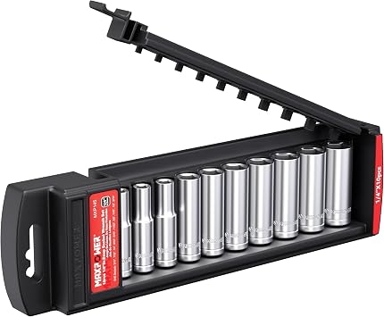 MAXPOWER 10PCS 1/4 drive Deep Socket Set, SAE, 6-ponit Sockets 3/16, 7/32, 1/4, 9/32, 5/16, 11/32, 3/8, 7/16, 1/2, 9/16