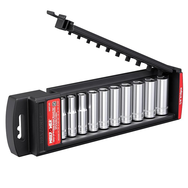 Jogo de soquetes longos MAXPOWER SAE, 6 pontos, encaixe de 6,35 mm (1/4 pol.), 10 peças