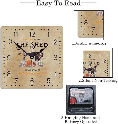 Miniatura 7 de Reloj de PVC con texto en inglés "Welcome to My She Shed", reloj de pared grande para máquina de coser, flor naranja de 10 pulgadas, cuadrados,