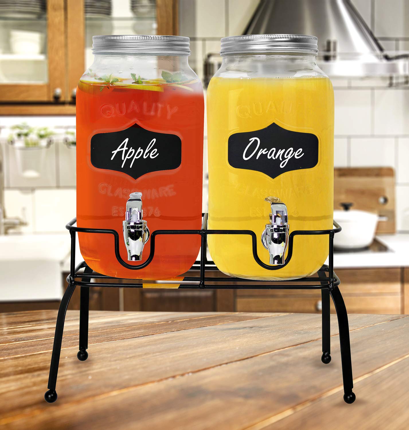 Estilo Glass Drink Dispenser 1 Gallon, Set of 2 Mason Jar Dispensers with Stand, Lids, Labels