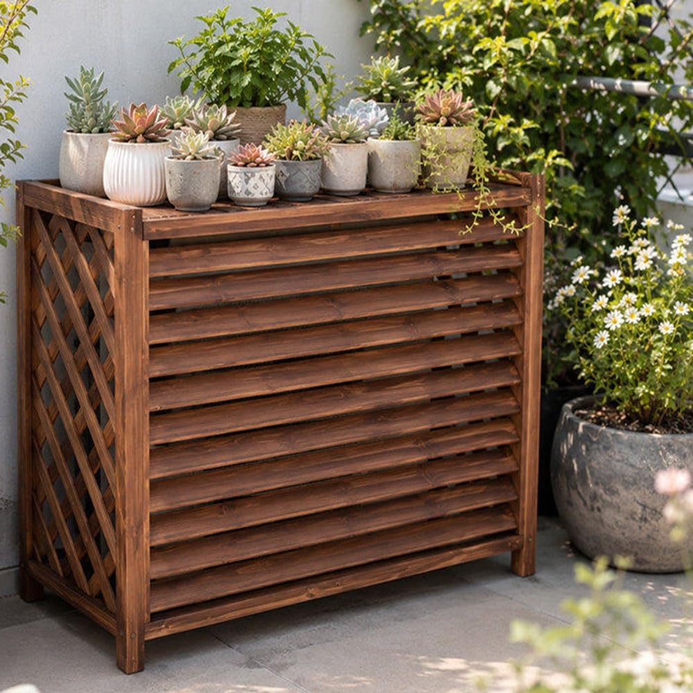 HRXQ Wooden Air Conditioner Cover, Plant Stand, Outdoor Solid Wood Trellis, Privacy Screen, Fence, Blinds, Design(100x43x94cm)