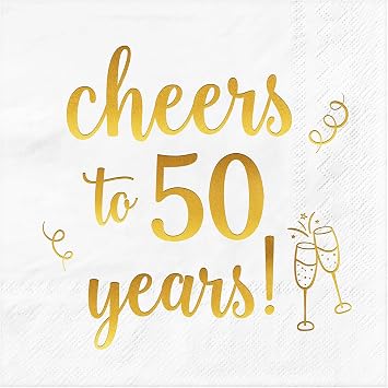 O-Kinee Cheers to 50 Years Cocktail Napkins, 50-Pack Happy 50th Birthday Paper Napkins, 3-Ply White Gold Beverage Napkin, 5x5 Inches Party Napkin for Men Women Birthday Decorations Wedding Anniversary