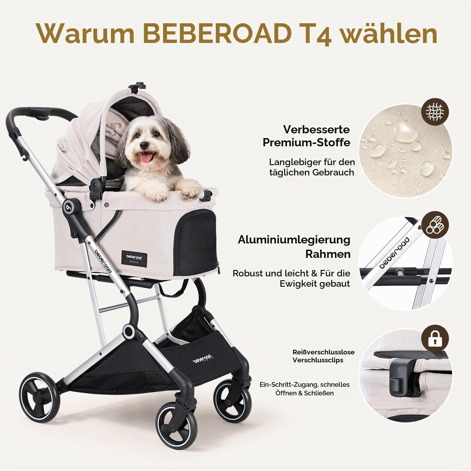 Beberoad T4 Haustier Kinderwagen Hund Katze Kinderwagen für kleine mittlere Hunde Katzen, 4 Räder Travel Folding Carrier Waterproof Puppy Stroller mit Pad, Canopy und Cup Holder, Beige