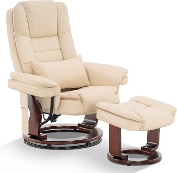 MCombo Swivel Recliner with Ottoman Chair, TV Chair Sets with Vibration Massage, for Small Space Living Room Bedroom 9096 9099 Faux Leather, Cream White