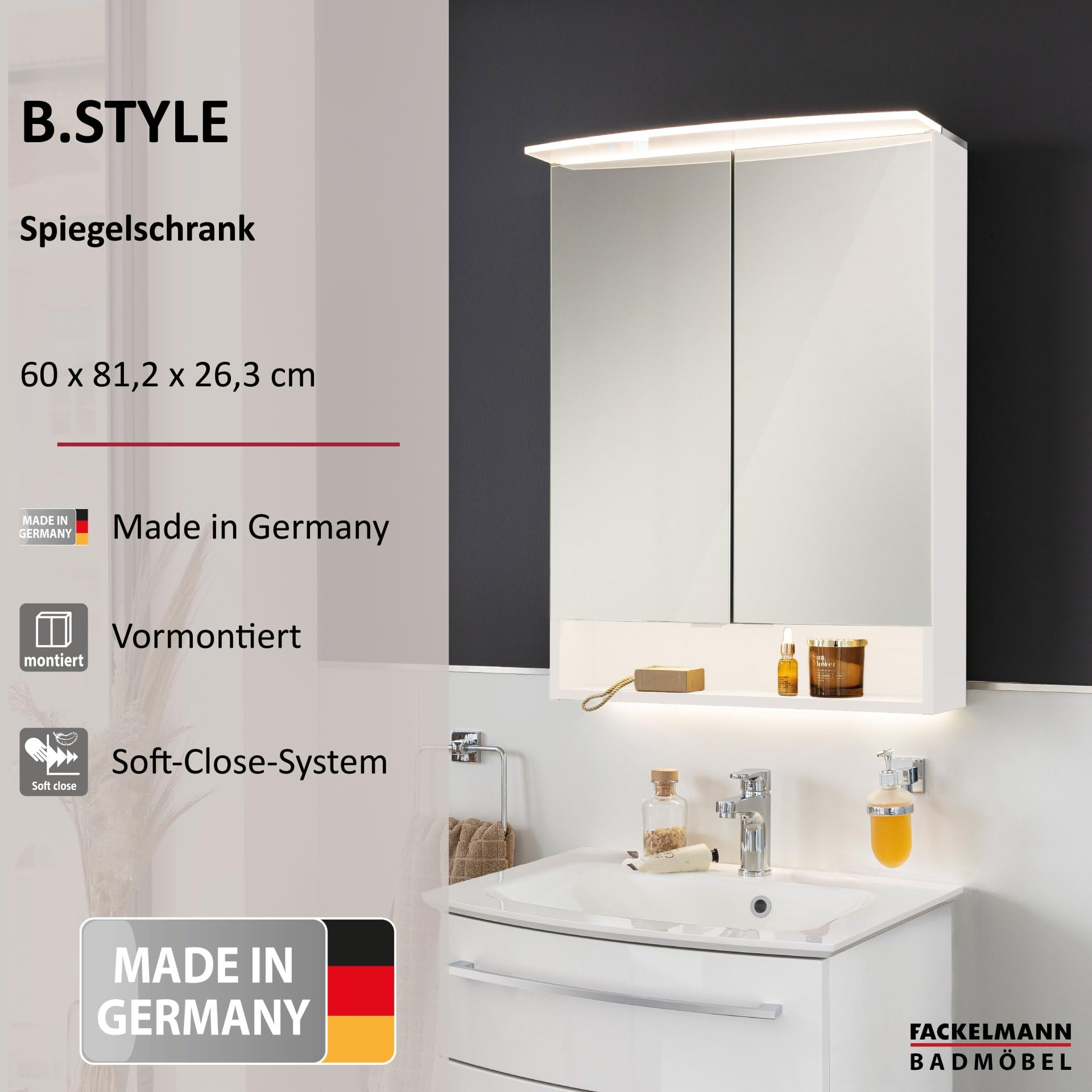 FACKELMANN LED Spiegelschrank B.Style/Badschrank mit gedämpften Scharnieren/Maße (B x H x T): ca. 60 x 81,2 x 15,3 cm/hochwertiger Schrank mit Spiegel und Beleuchtung fürs Bad/Korpus: Weiß