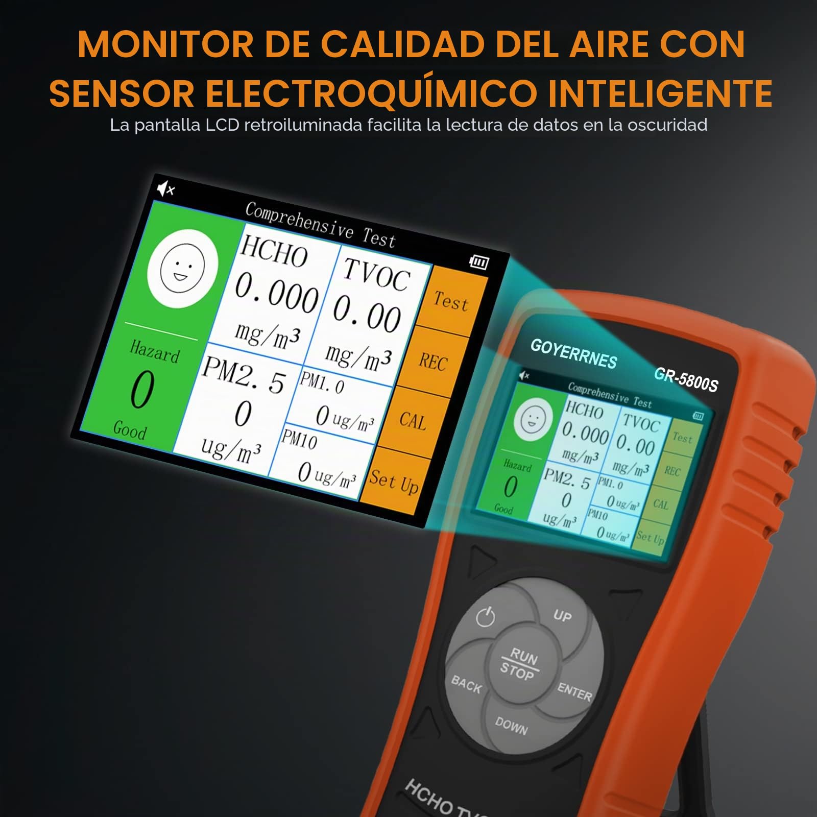 medidor Calidad Aire Interior 3-in-1,GR-5800S Detector HCHO/TVOC con Contador de partículas PM2.5,Detector de Gas de Aire Multifuncional con Pantalla de LCD Grande (Naranja)