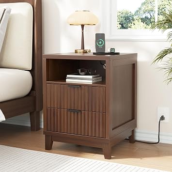 Fluted Nightstand with Charging Station, Modern Night Stand with 2 Slide Drawers and 1 Open Shelf, Walnut End Table with Metal Handles, Bedside Table for Bedroom, 17.7 x 17.7 x 23.6in
