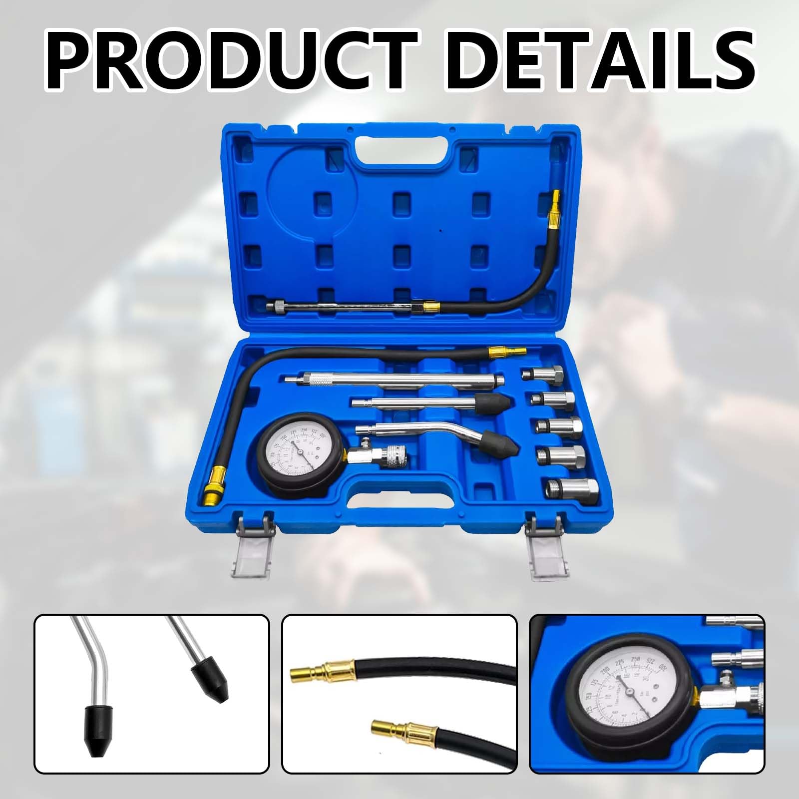 Tester di compressione per auto, 11 pezzi, set di test di compressione per motori a benzina, tester di compressione digitale, misuratore di compressione motore, cilindro, auto