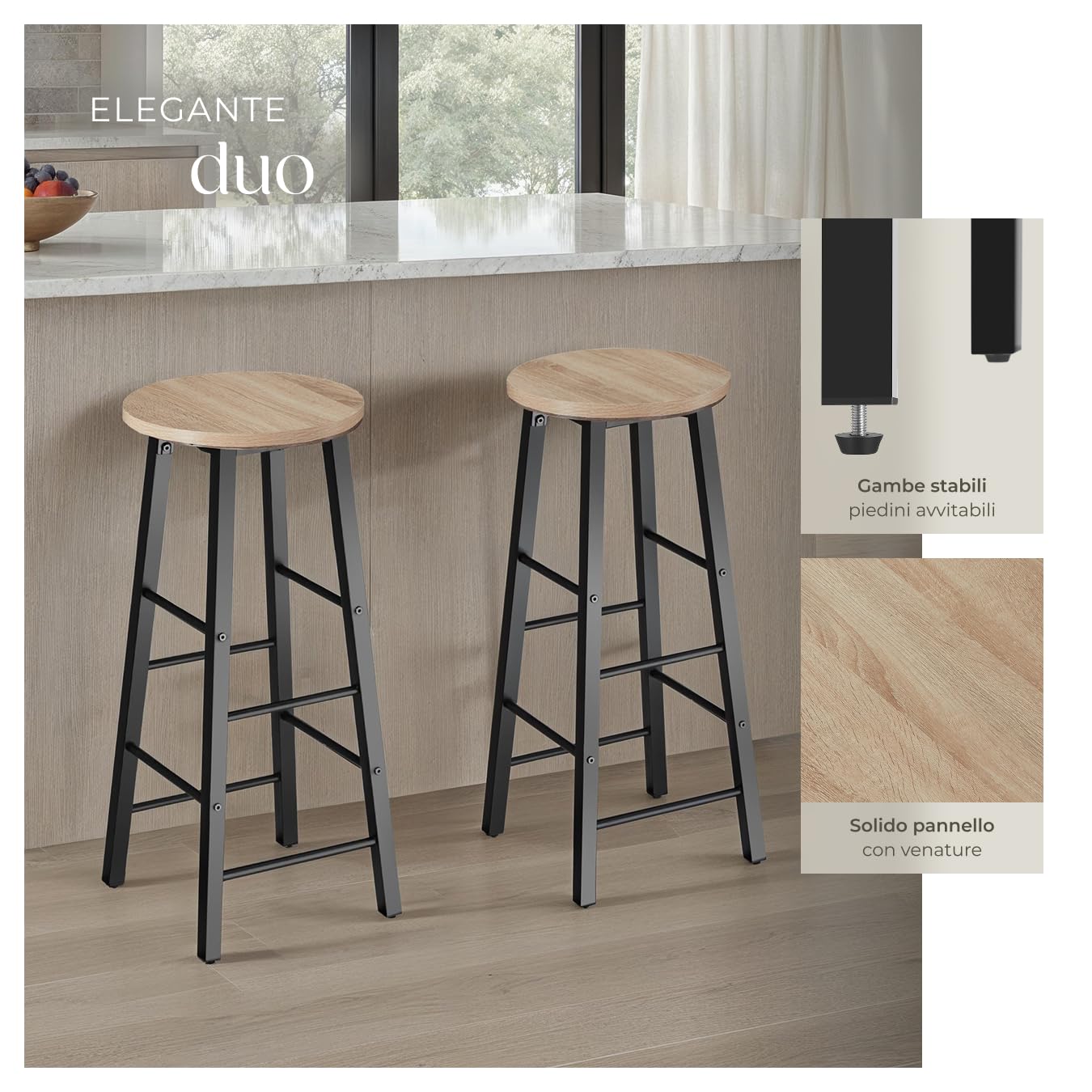 tectake® 2 Sgabelli bar 31x31x72,5cm, Sgabelli cucina stile industriale, Sedie bar con poggiapiedi effetto legno, Arredo Cucina, Sala da pranzo, Ufficio, Hotel, Penisola, Bancone - Legno Chiaro