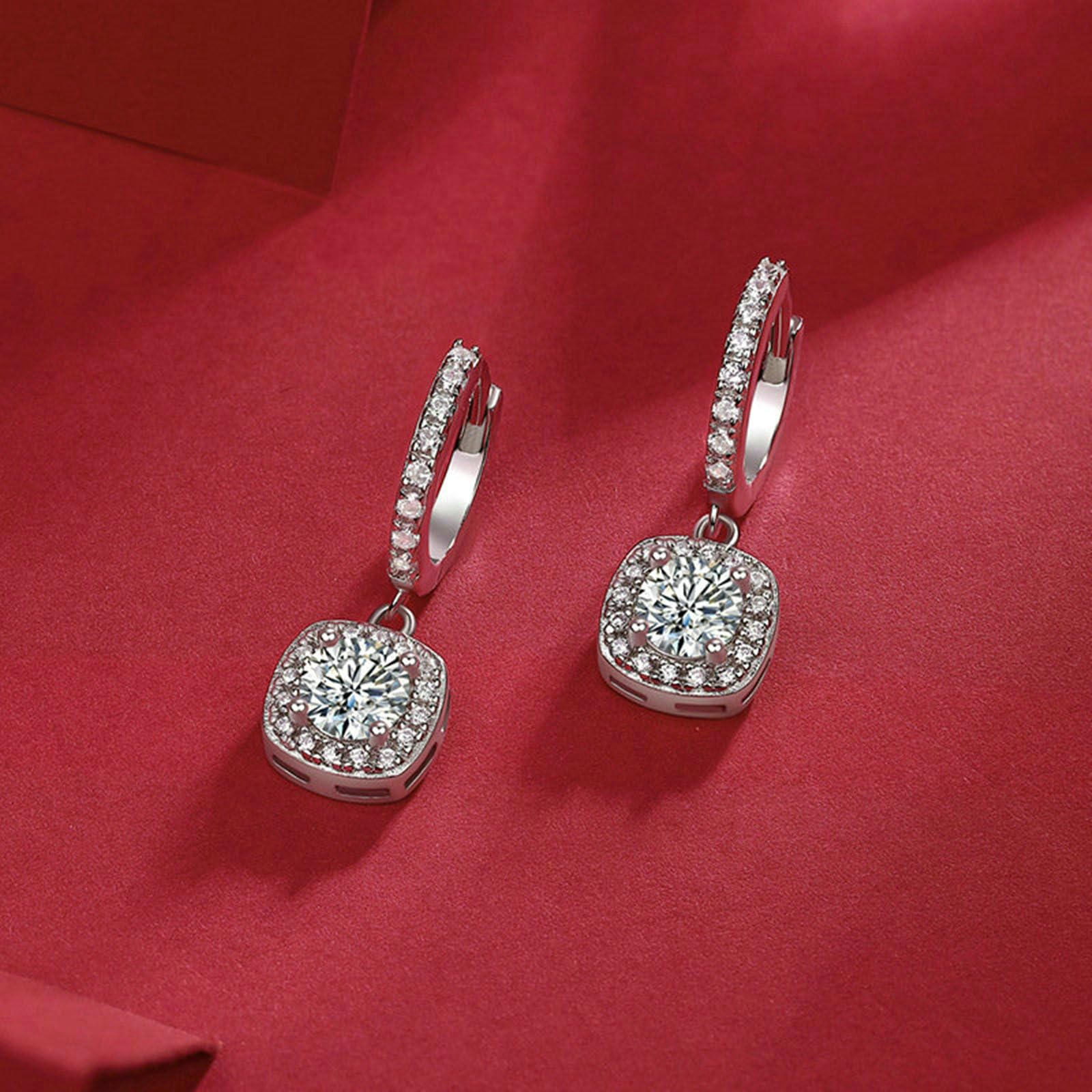 Orecchini a cerchio in oro bianco 750, rettangolari, con ciondolo a forma di moissanite, da donna, ipoallergenici