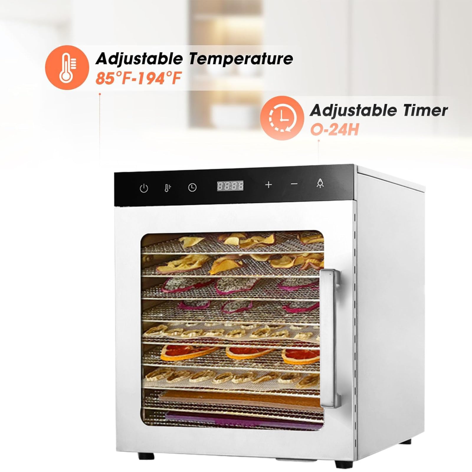 Essiccatore per Alimenti, essiccatore a 10 vassoi in Acciaio Inossidabile per Alimenti e Carne secca, Erbe, Frutta, Macchina essiccata con Timer Digitale e Controllo della Temperatura