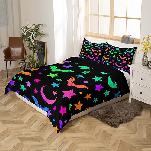 Miniatura 2 de Erosebridal Juego de ropa de cama con diseño de murciélagos y cielo estrellado colorido para niños pequeños, funda de edredón de estrellas