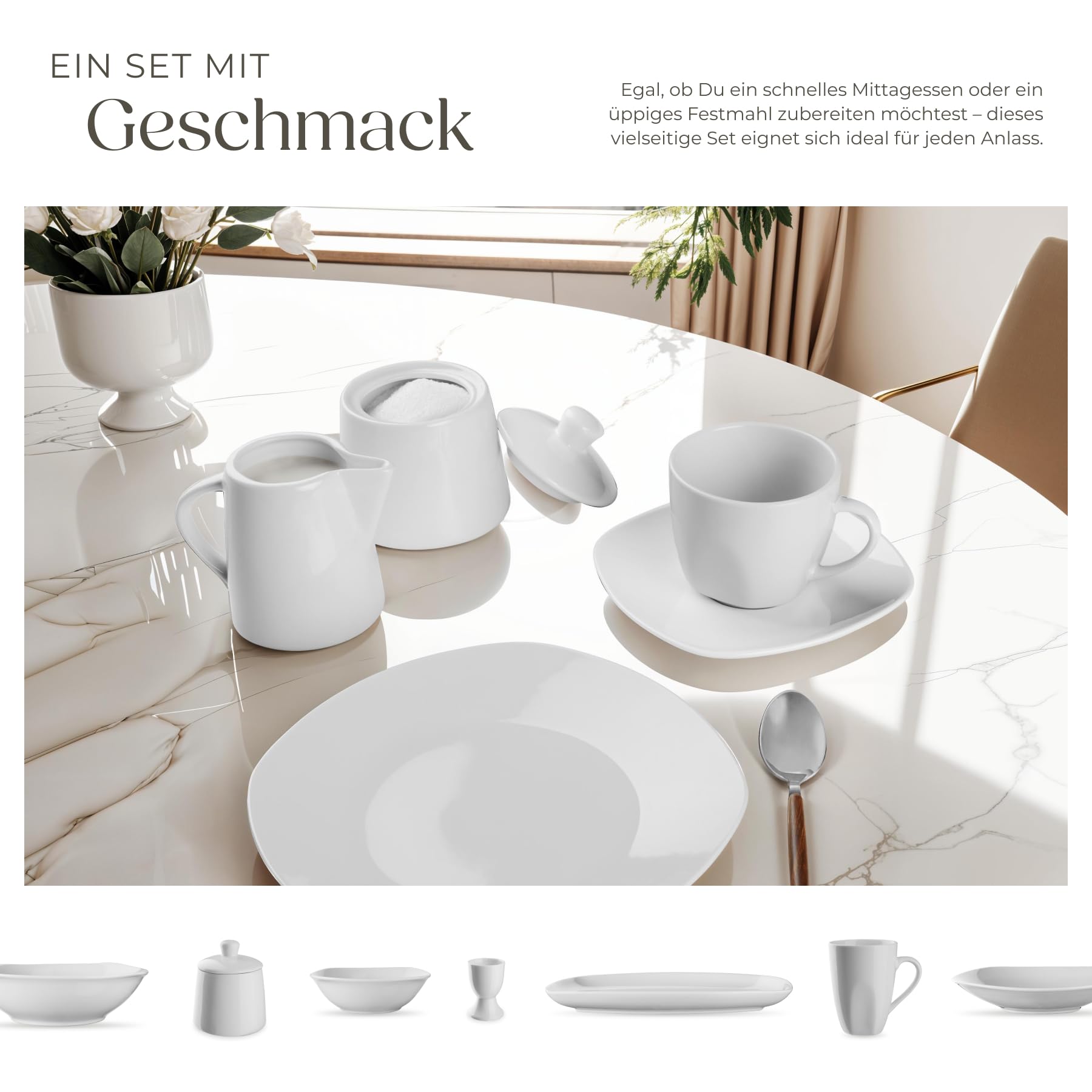 tectake® Geschirrset 12 Personen, Porzellan Geschirr Set 100tlg, u.a. 12x Dinner Teller Set, 12x Dessertteller, 12x tiefe Teller, 12x Tasse, 12x Müslischale, Salatschüssel, Milchkännchen, Zuckerdose