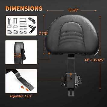 Adjustable Plug-in Motorcycle Front Driver Seat Rider Backrest Pad Custom Mounting Kit Compatible with Harley Touring Models Street Glide Road King Electra Glide Road Glide 1997-2026