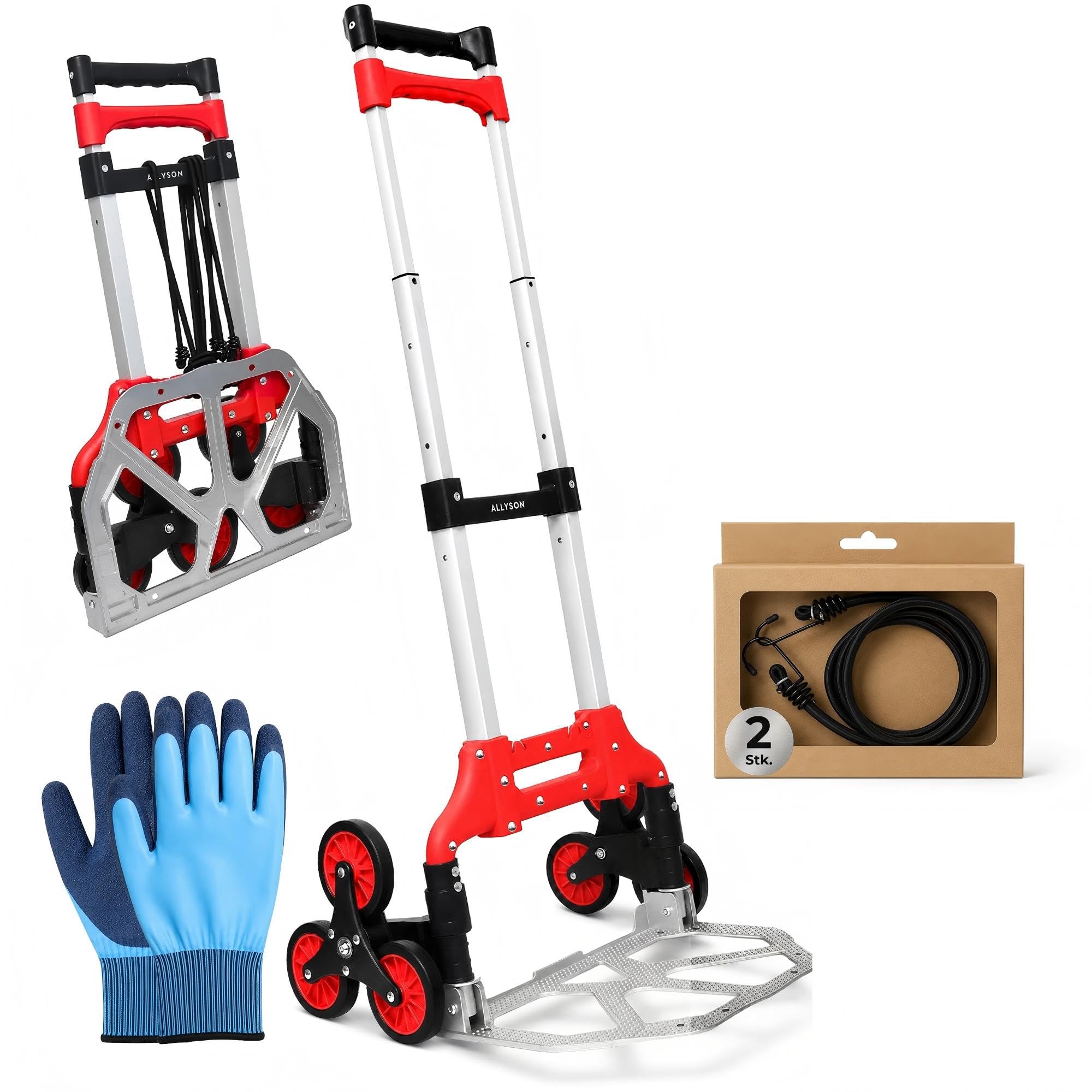 Allyson® Treppensteiger Sackkarre klappbar 6-Rad, bis 80kg (eben), Rot | Auf Treppen bis 30 kg belastbar, mit Vollgummireifen, inkl. Spanngurte & Sicherheitshandschuhe, Aluminiumrahmen, kompakt