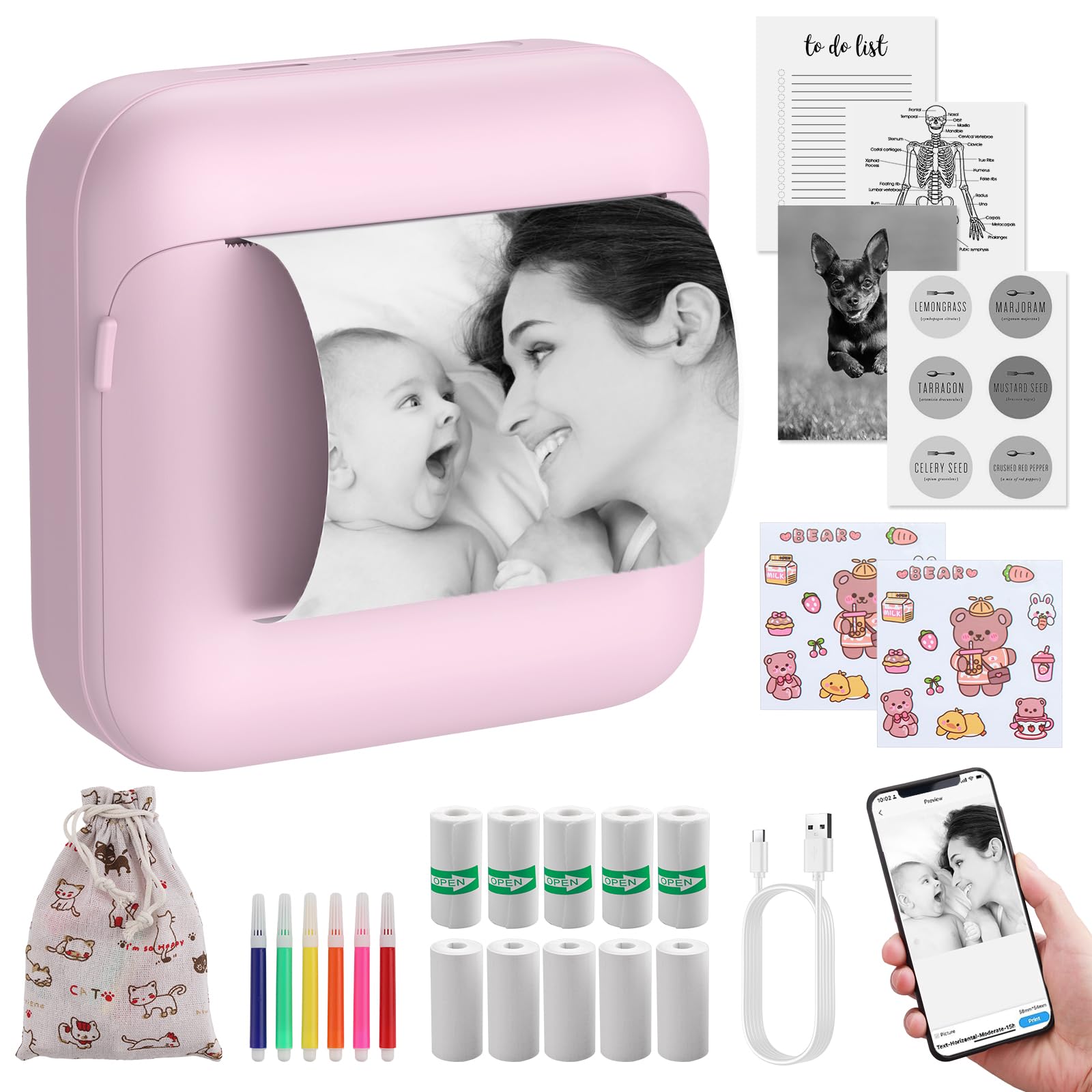 eSynic Mini Impresora Térmica Portátil Sin Tinta Impresora Compacta Bluetooth para Fotos Texto y Stickers Impresión Rápida en Casa y Oficina Compatible Android e iOS Incluye Papel y Accesorios-Rosa