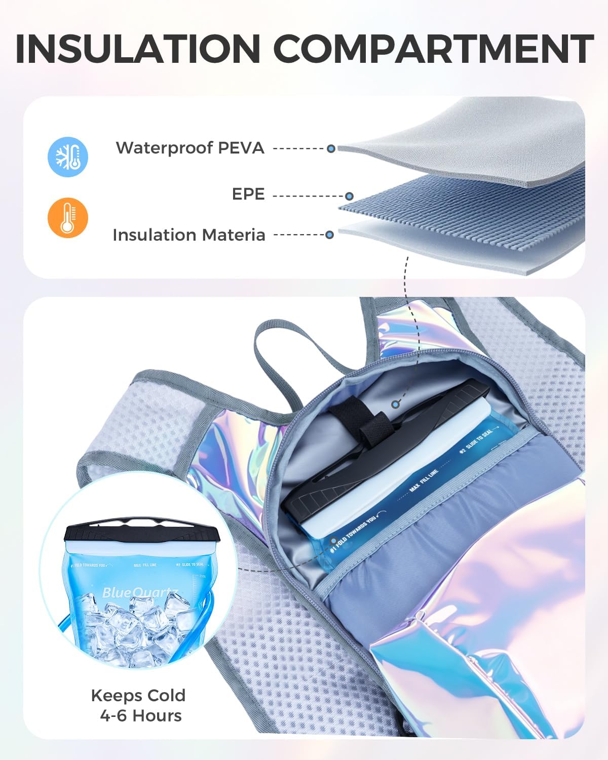 Blue Quartz Rave Hydration Backpack, Reflective Hiking Pack with 2L Water Bladder & Phone Pocket, Hydro Pack with Insulated Compartment for Festival Running Cycling for Men Women